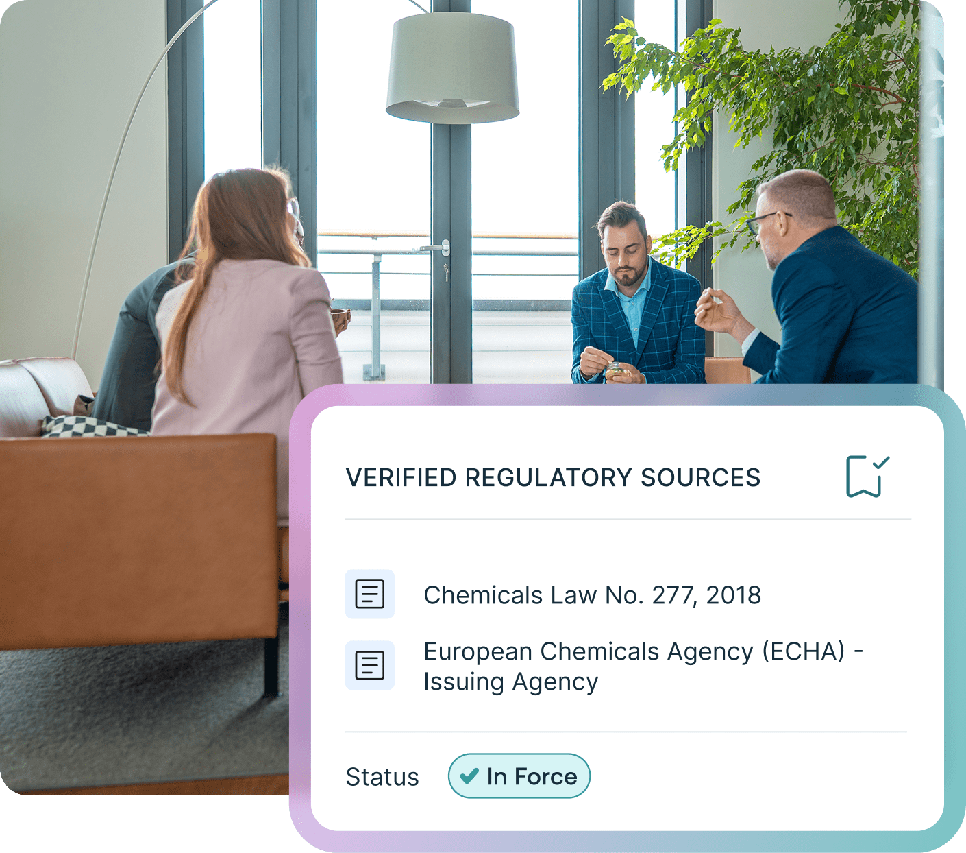 Three people in a modern office, two men and one woman, in discussion. An overlay displays 'VERIFIED REGULATORY SOURCES' with 'Chemicals Law No. 277, 2018' and 'European Chemicals Agency (ECHA)' listed as 'In Force'.