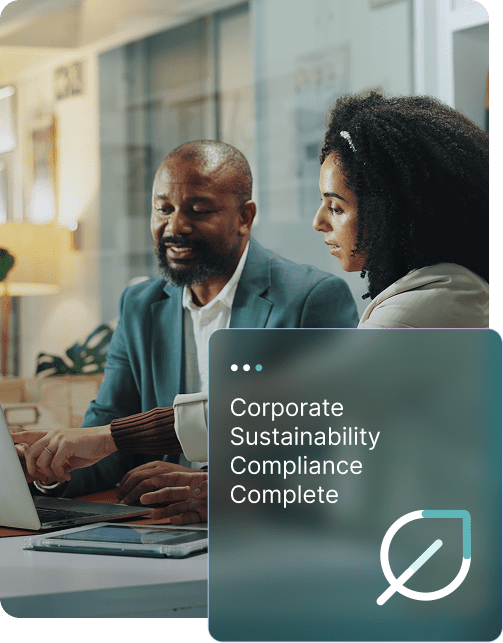 Two professionals, a man and a woman, looking at a laptop. A graphic overlay reads 'Corporate Sustainability Compliance Complete' with a leaf icon.