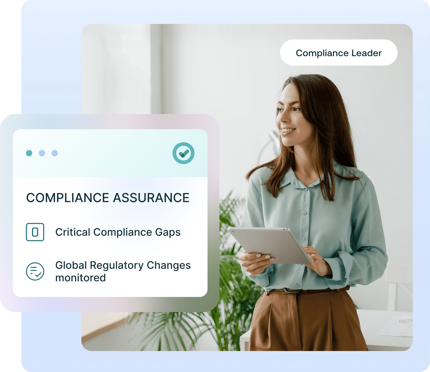 Adherent (formerly Compliance & Risks). A smiling woman, labeled 'Compliance Leader', holds a tablet next to an overlay showing 'Compliance Assurance' with points on 'Critical Compliance Gaps' and 'Global Regulatory Changes monitored'.