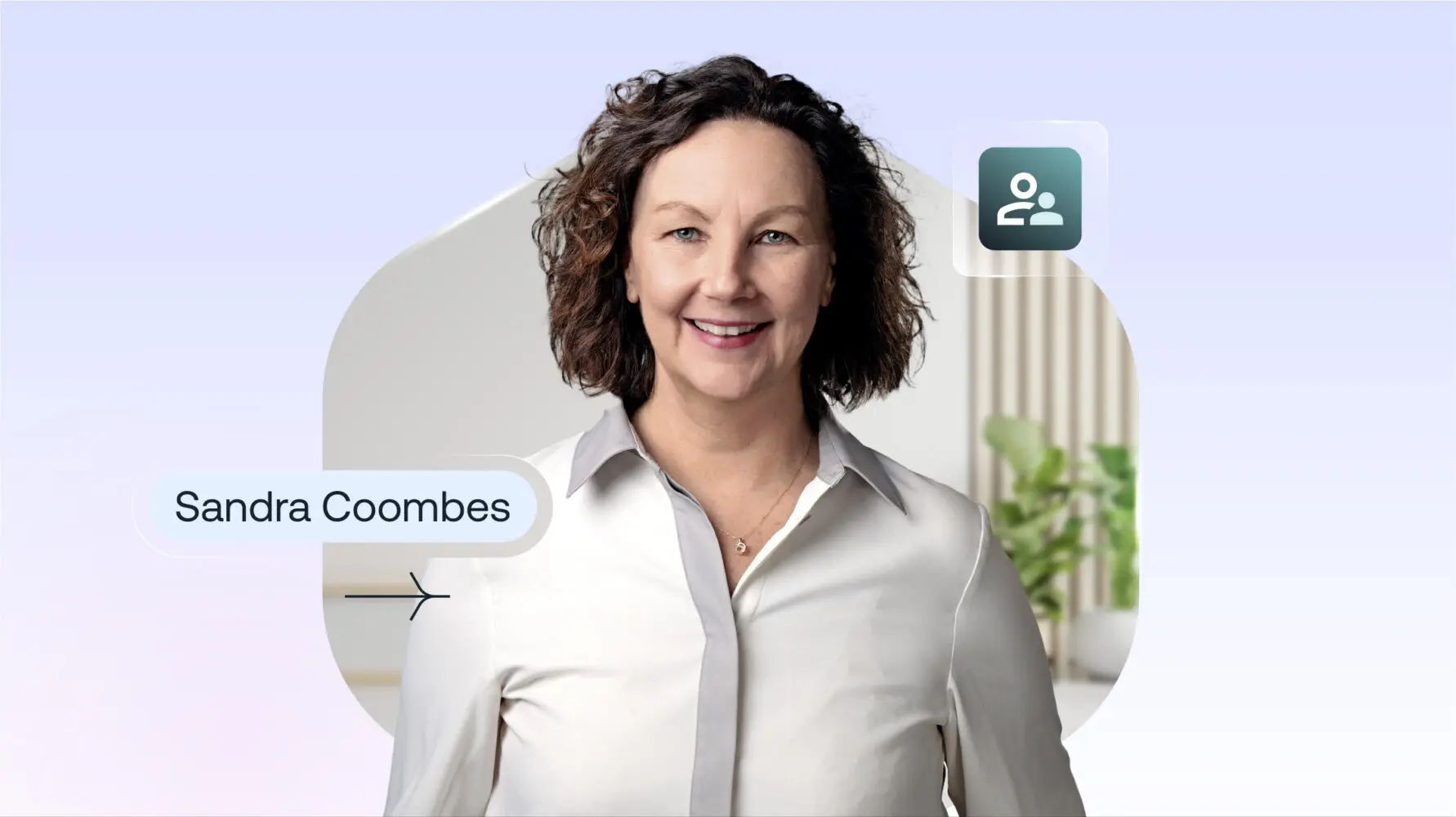 Headshot of a smiling woman, Sandra Coombes, with curly dark hair, wearing a light shirt with grey trim and a gold necklace. A 'people' icon is in the upper right.