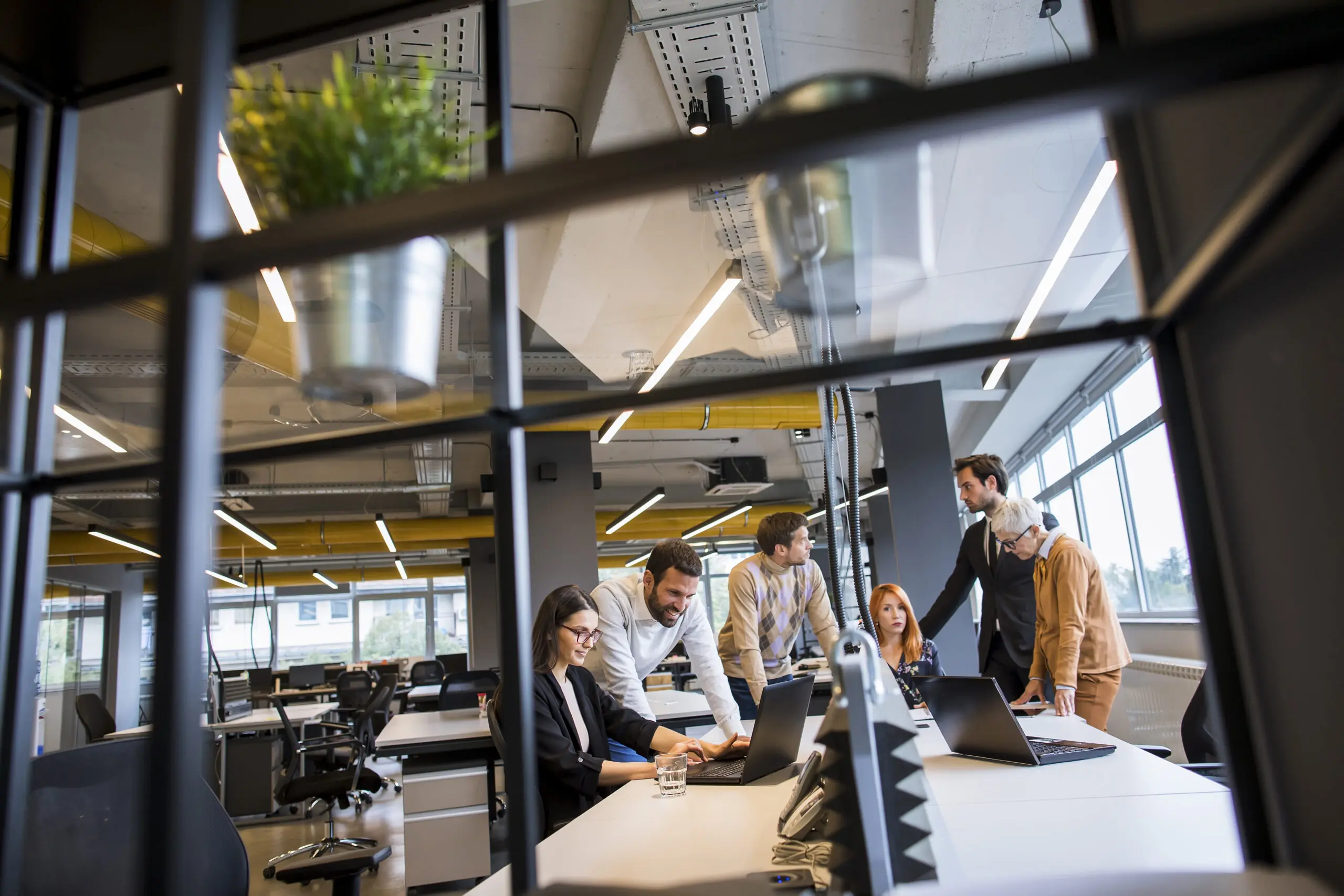 Adherent (formerly Compliance & Risks). Six people working together in a bright, modern office with laptops, desks, and large windows.