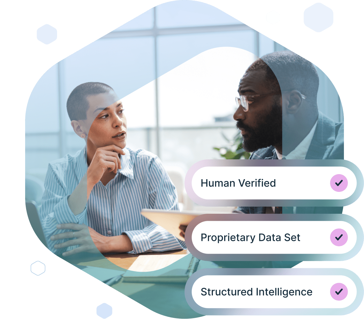 Two professionals, a woman and a man, in a meeting, with overlaid text 'Human Verified,' 'Proprietary Data Set,' and 'Structured Intelligence,' each with a checkmark.