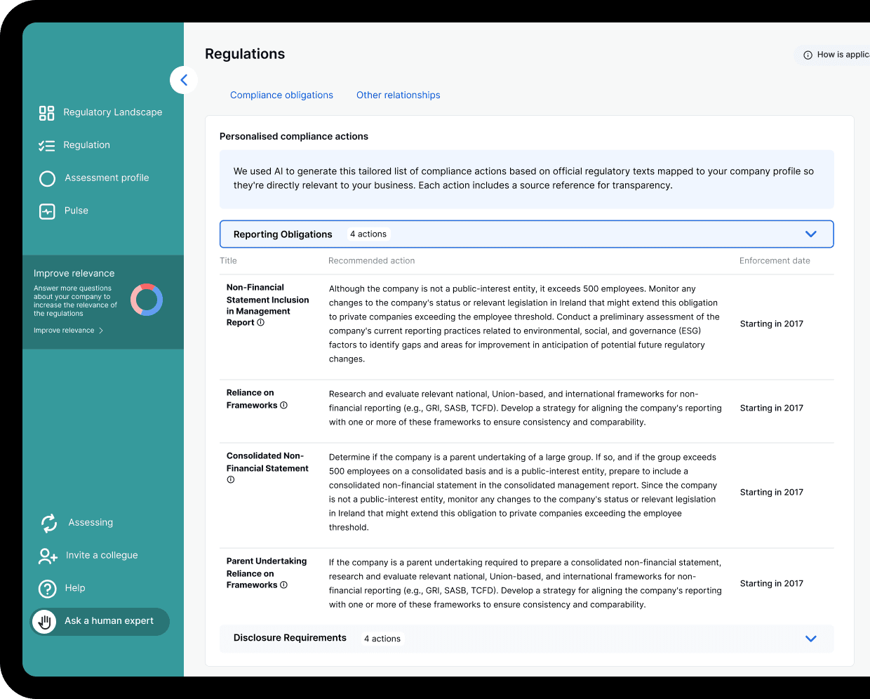 Screenshot of a regulatory compliance platform showing a list of personalized compliance actions and reporting obligations, including titles, recommended actions, and enforcement dates.