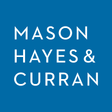 Logo for Mason Hayes & Curran, featuring white text on a blue background.