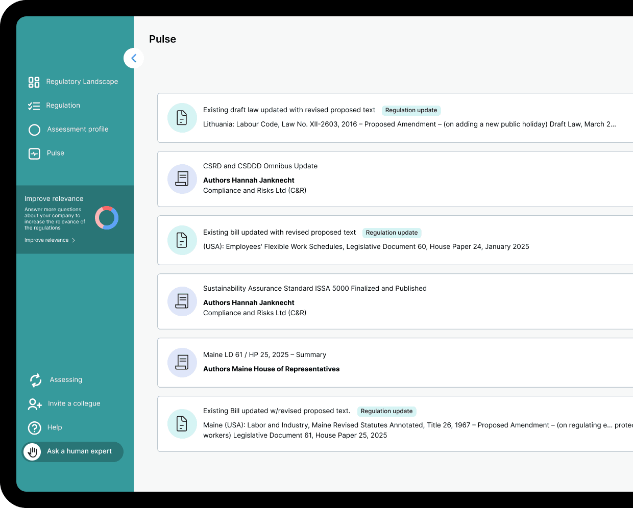 Screenshot of a regulatory compliance platform showing a 'Pulse' dashboard with a list of recent regulatory updates, including changes to Lithuanian labor law, CSRD, CSDDD, and US flexible work schedules. A navigation sidebar is visible on the left.