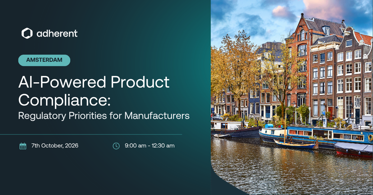 Adherent (formerly Compliance & Risks). Promotional graphic for an event titled 'AI-Powered Product Compliance: Regulatory Priorities for Manufacturers' by adherent, scheduled for October 7, 2026, from 9:00 am to 12:30 am in Amsterdam. The right side shows a scenic canal view in Amsterdam with houseboats and historic buildings.