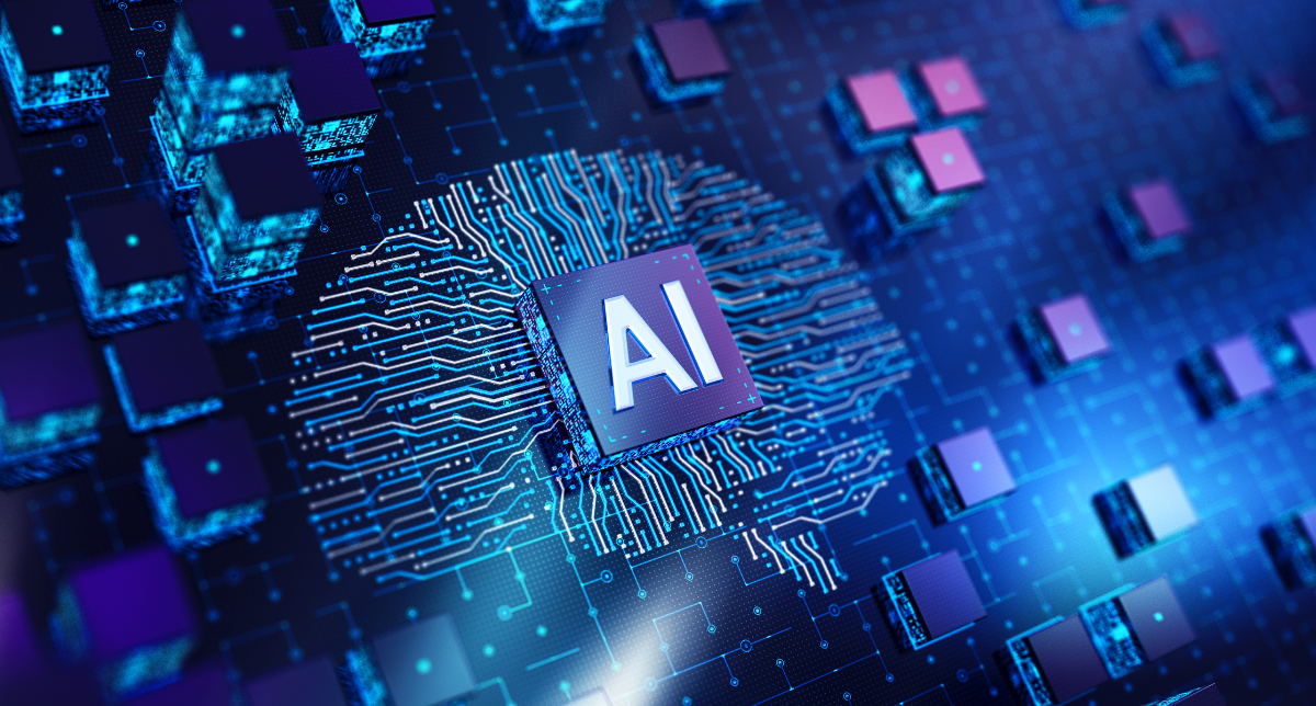 Adherent (formerly Compliance & Risks). A digital representation of a circuit board with a central 'AI' chip on a brain-like circuit pattern, surrounded by glowing cubic components.