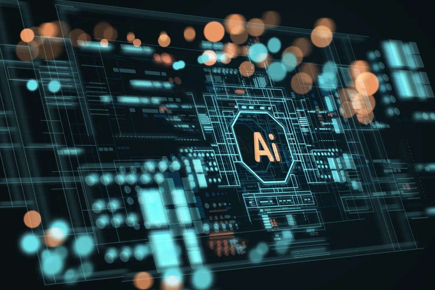 Abstract digital interface with glowing blue and teal circuit patterns and an orange 'Ai' symbol at the center, surrounded by bokeh lights.