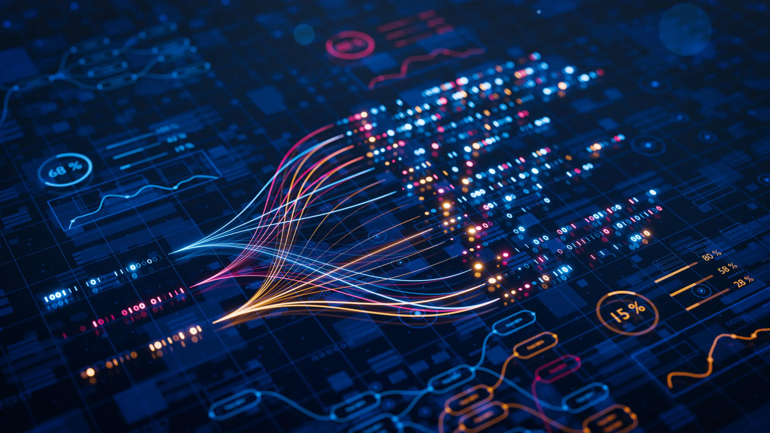 Adherent (formerly Compliance & Risks). Abstract digital interface with glowing, colorful lines representing data flow, surrounded by various charts, percentages, and binary code on a dark blue grid background.