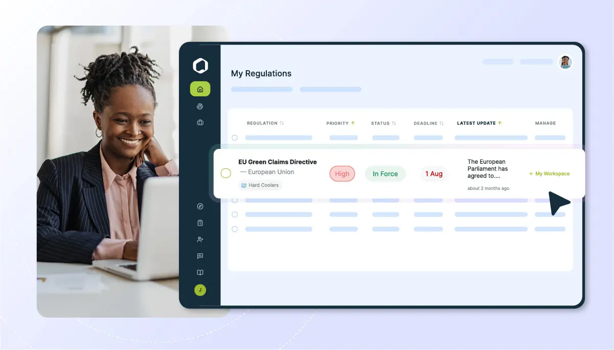 A smiling Black woman looks at a laptop, while an overlay shows a digital dashboard titled 'My Regulations' with details on the 'EU Green Claims Directive', marked 'High' priority and 'In Force'.