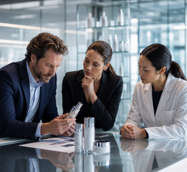 Three professionals, two women and one man, examine cosmetic product bottles on a glass table in a modern office.