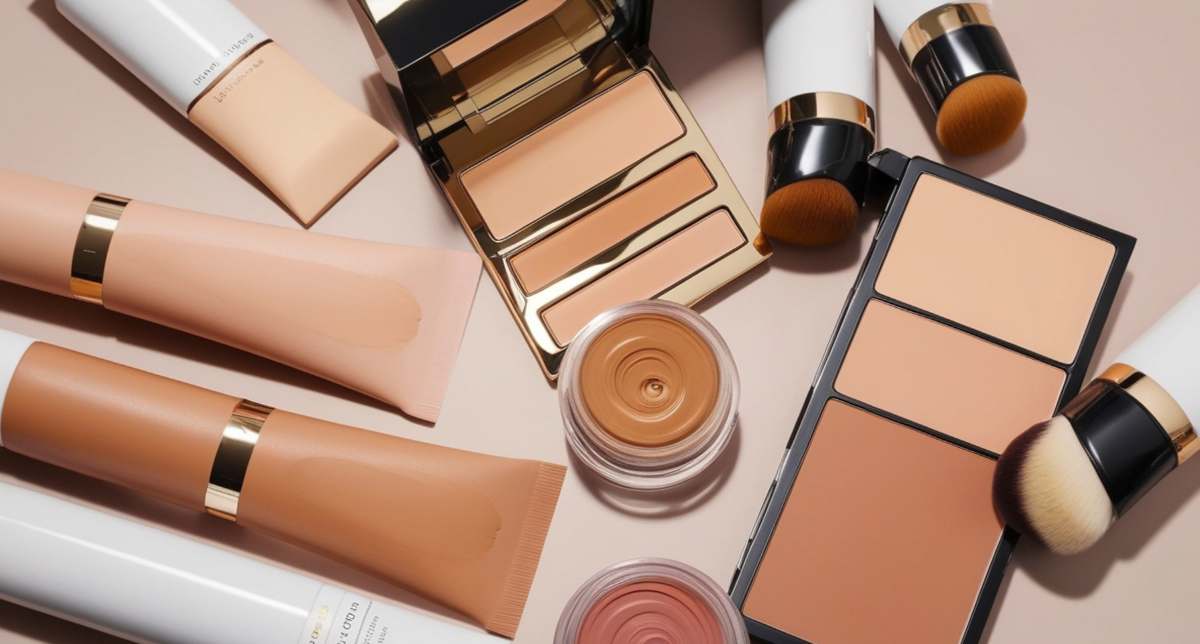 An overhead view of various makeup products, including foundation tubes, cream pots, and powder palettes, in a range of skin tones from light to dark beige and brown, arranged on a light background with makeup brushes.