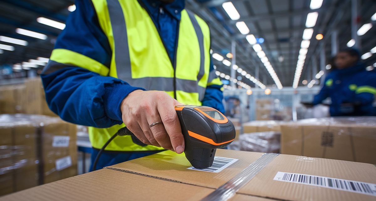 Adherent (formerly Compliance & Risks). A person in a high-visibility vest scans a barcode on a cardboard box with an orange and black scanner in a warehouse.