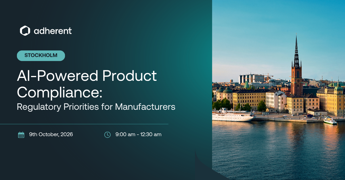 Promotional graphic for 'AI-Powered Product Compliance' event in Stockholm on October 9, 2026. Features a cityscape of Stockholm with the Riddarholmen Church spire and waterfront buildings, alongside event details.
