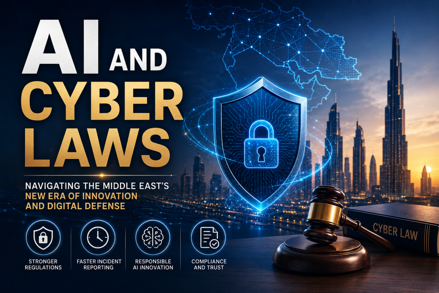 A graphic titled 'AI AND CYBER LAWS' with a glowing blue shield, a gavel, and a 'CYBER LAW' book, set against a city skyline and a map of the Middle East. Icons represent stronger regulations, faster incident reporting, responsible AI innovation, and compliance.