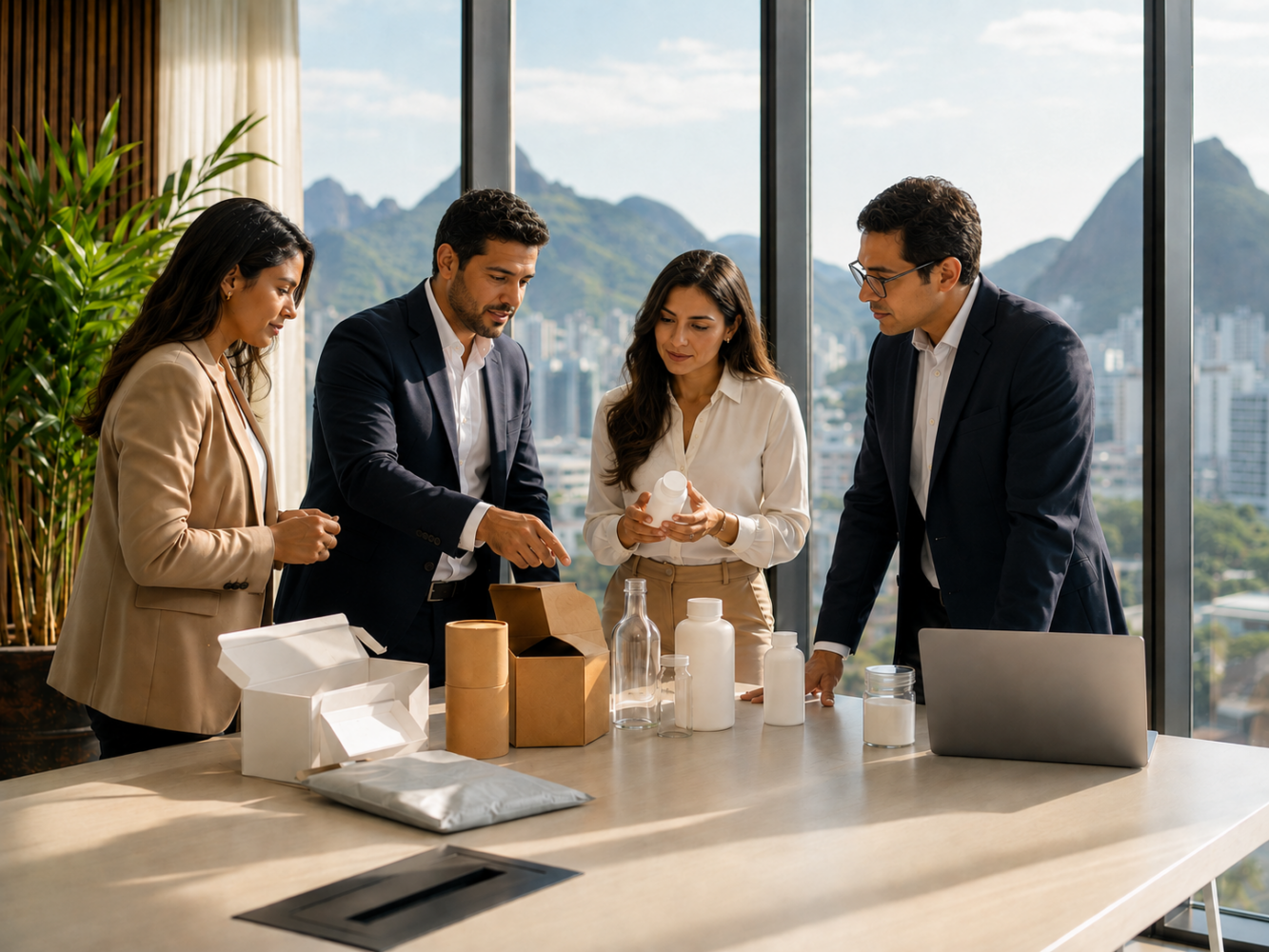 Four professionals, two men and two women, stand around a table examining various product packaging, including boxes, bottles, and jars, in a modern office with a city and mountain view.