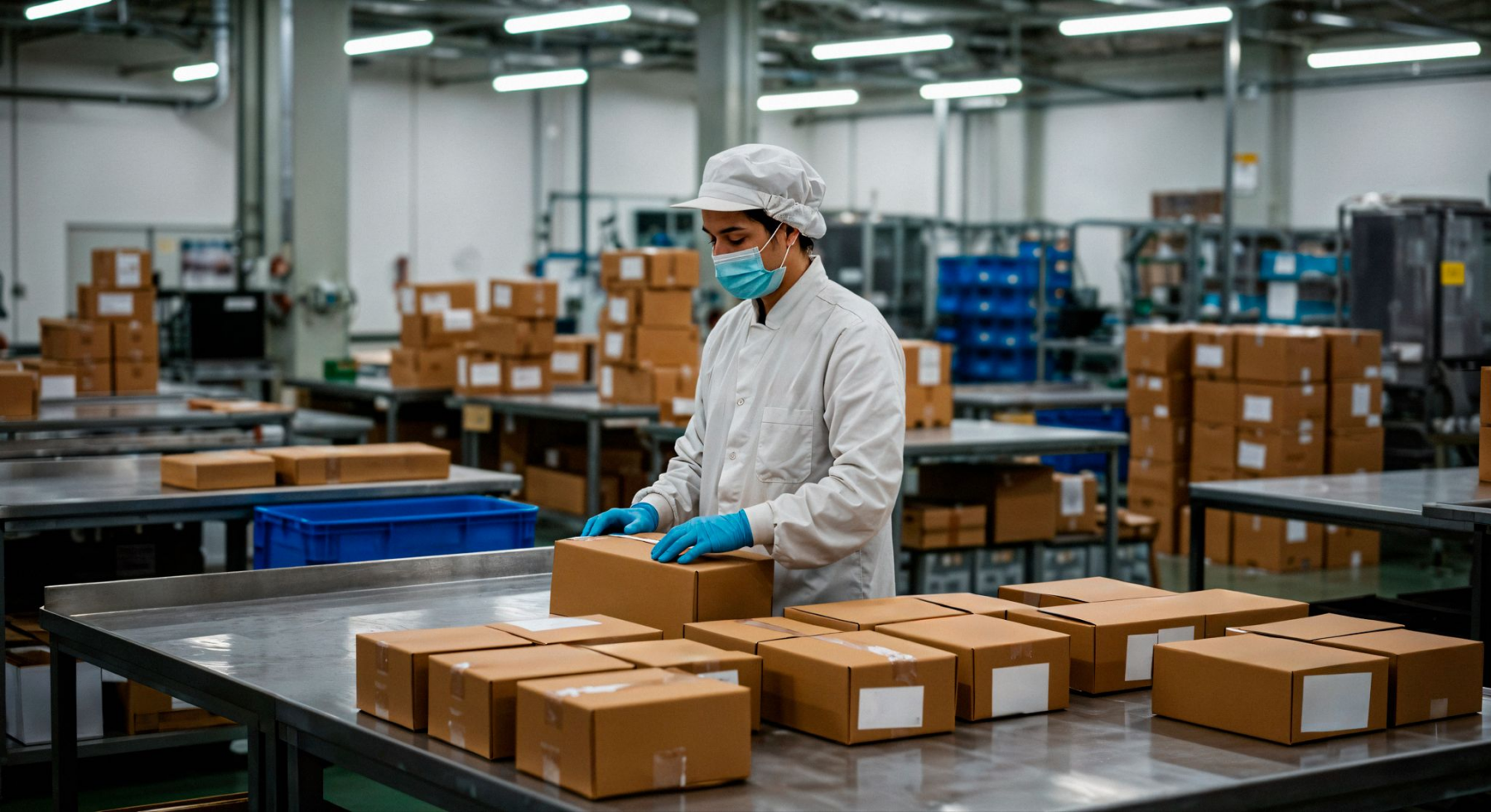 A person in a white lab coat, hairnet, mask, and blue gloves packaging brown boxes on a metal table in a factory.