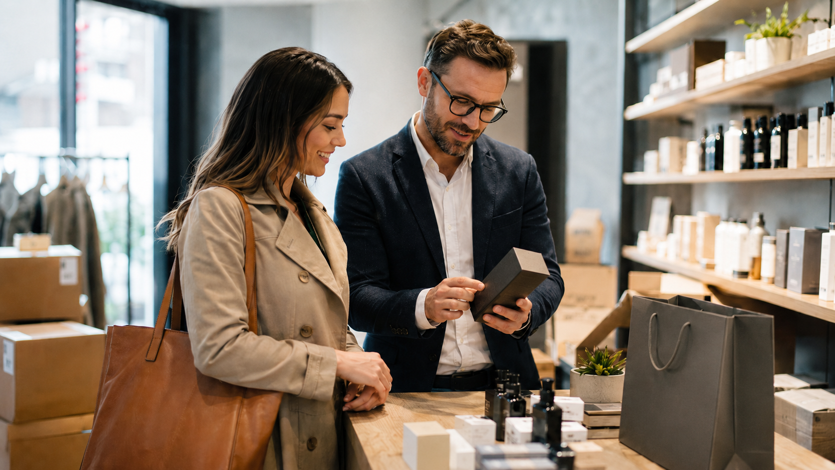 A man and a woman smiling and looking at a product box held by the man in a store.