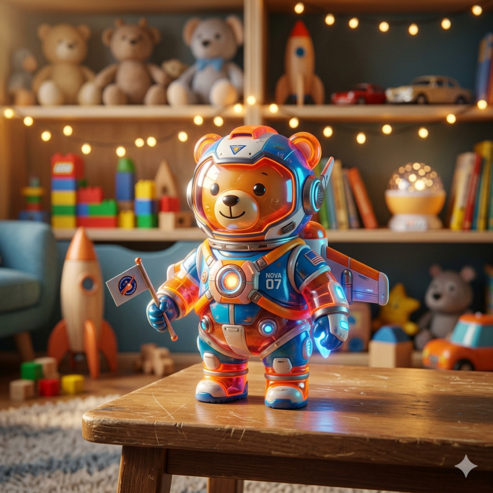 A glossy teddy bear figurine in a blue and orange astronaut suit with a jetpack, holding a flag, stands on a wooden table in a child's room filled with toys and string lights.