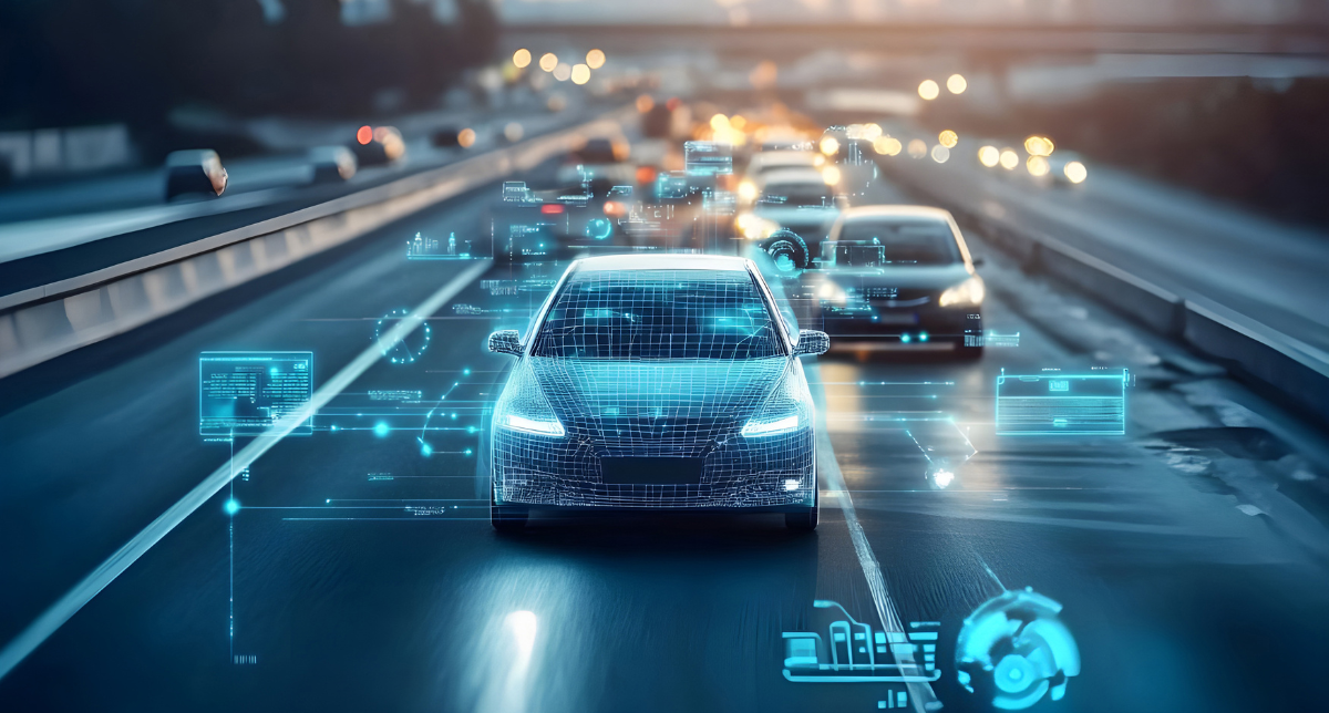 A glowing blue wireframe car on a highway with holographic data overlays, representing autonomous driving technology.