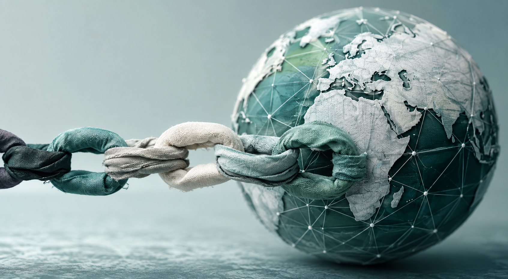 A fabric chain with multicolored links wraps around a textured globe, which is covered in a network of white lines.