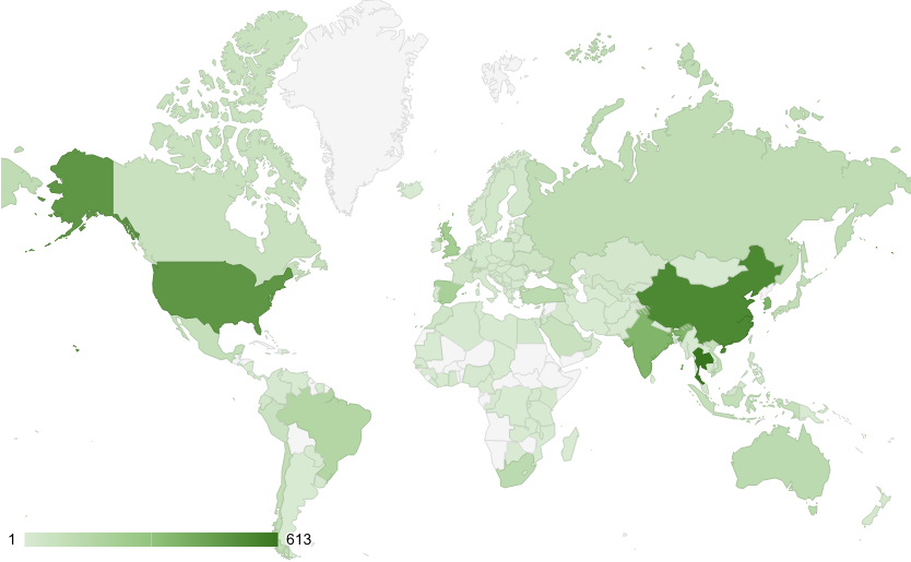 A choropleth world map showing data distribution across countries using a green color scale, from light green (low values) to dark green (high values).