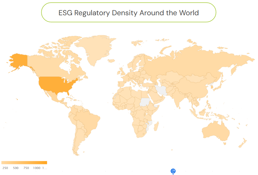 A world map showing ESG regulatory density. The United States is dark orange (highest density), while most other countries are lighter orange or grey (lower density/no data).