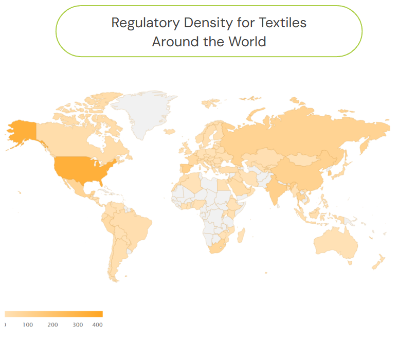World map showing regulatory density for textiles, with the USA, parts of Europe, and Asia in darker orange indicating higher density.