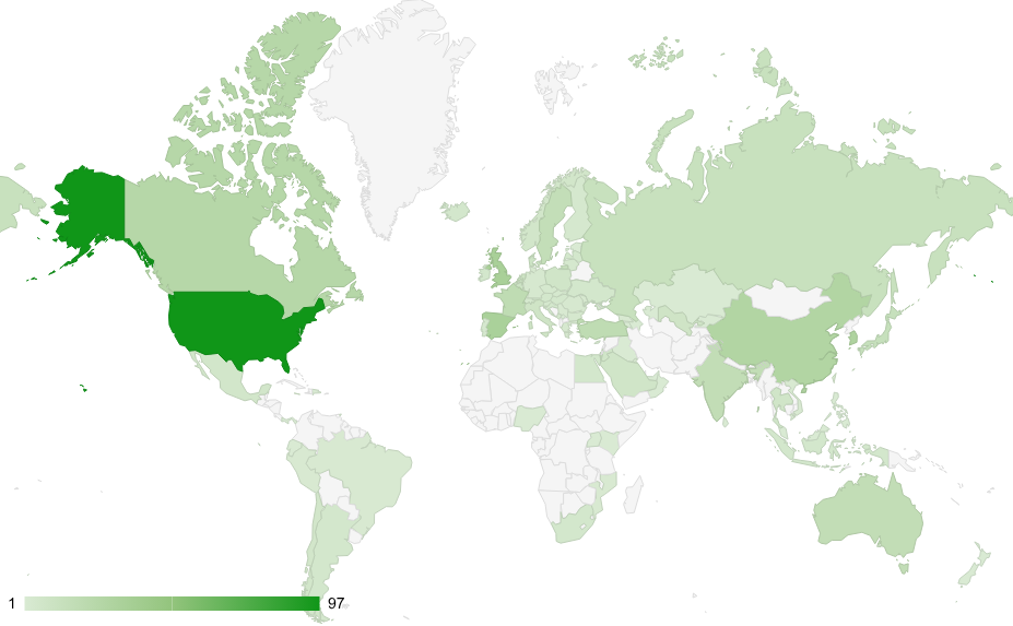 A world map showing countries colored in shades of green. A legend indicates a scale from 1 (light green) to 97 (dark green). The USA, UK, China, India, Japan, and Australia are dark green.