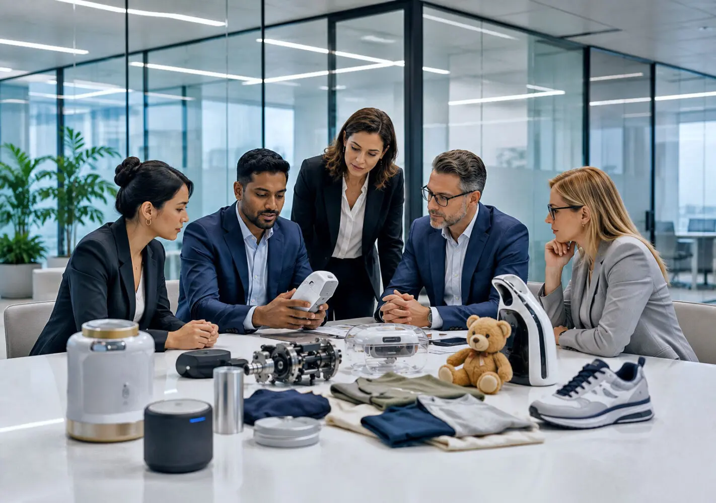 Five professionals in business attire review product prototypes and samples on a conference table in a modern office.