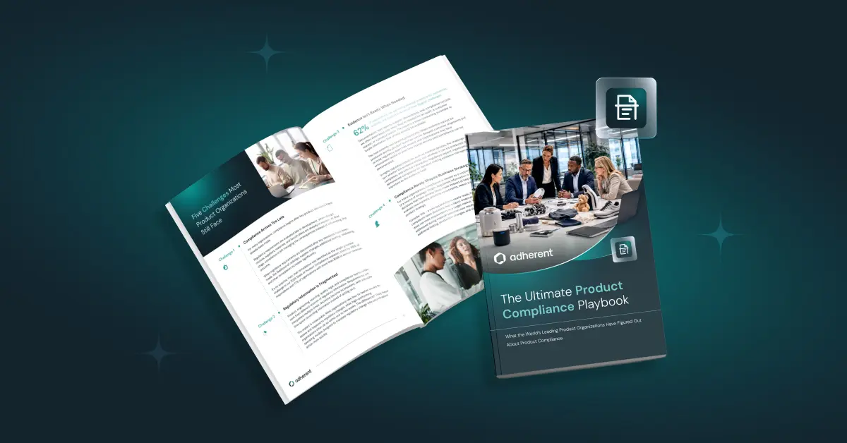 An open book and a closed book titled 'The Ultimate Product Compliance Playbook' by adherent, on a dark background. A document icon floats above the closed book.