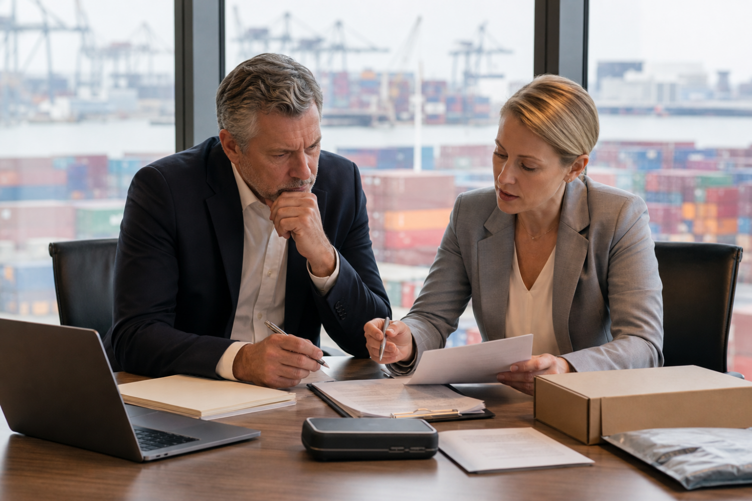 Two business professionals, a man and a woman, reviewing documents at a table with a port and shipping containers visible through a large window in the background.