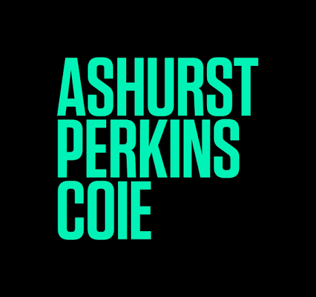The words "ASHURST PERKINS COIE" in bright teal on a black background.