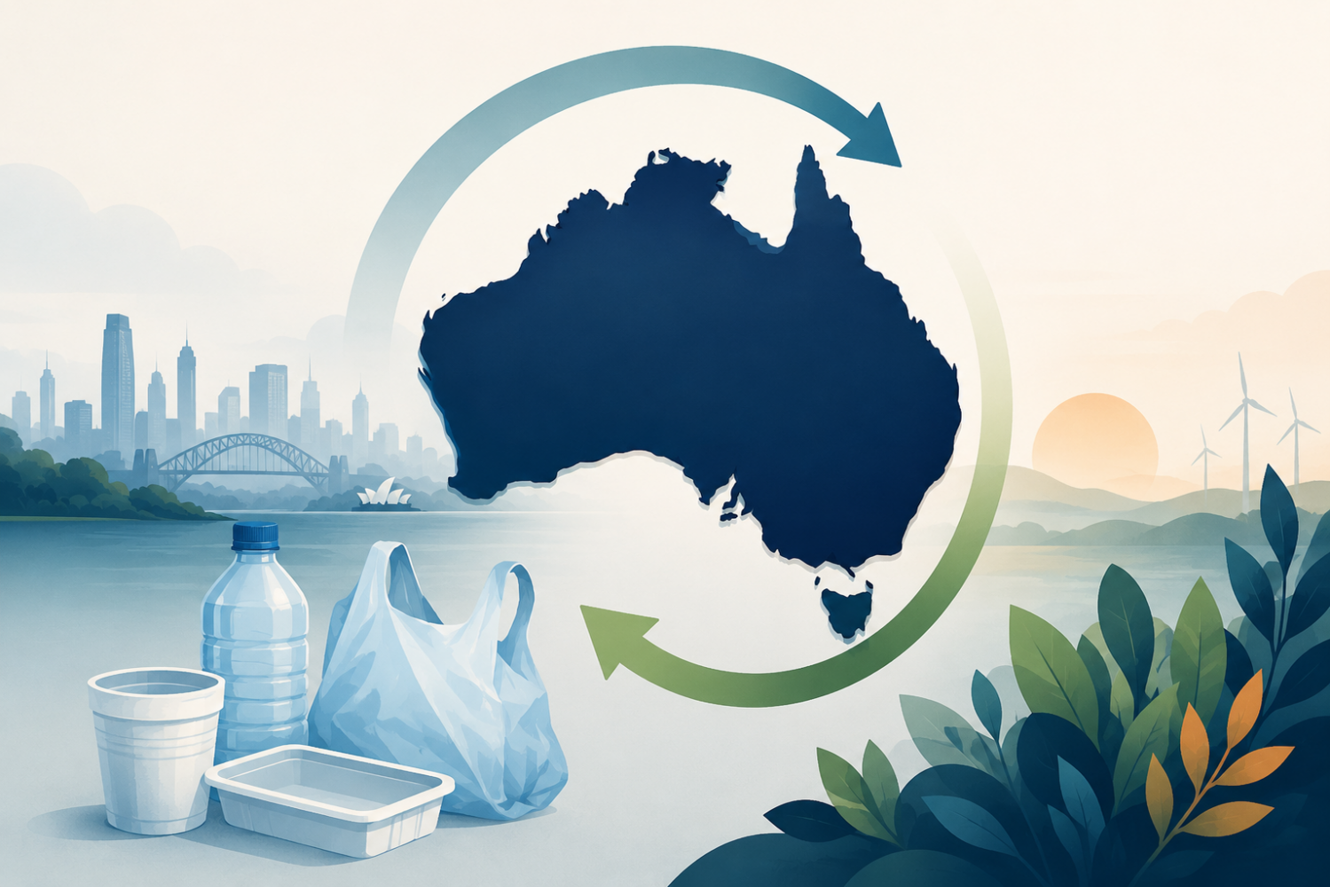 Illustration of Australia's map with a circular arrow, flanked by a cityscape and wind turbines, with plastic waste and foliage in the foreground, symbolizing sustainability and recycling.