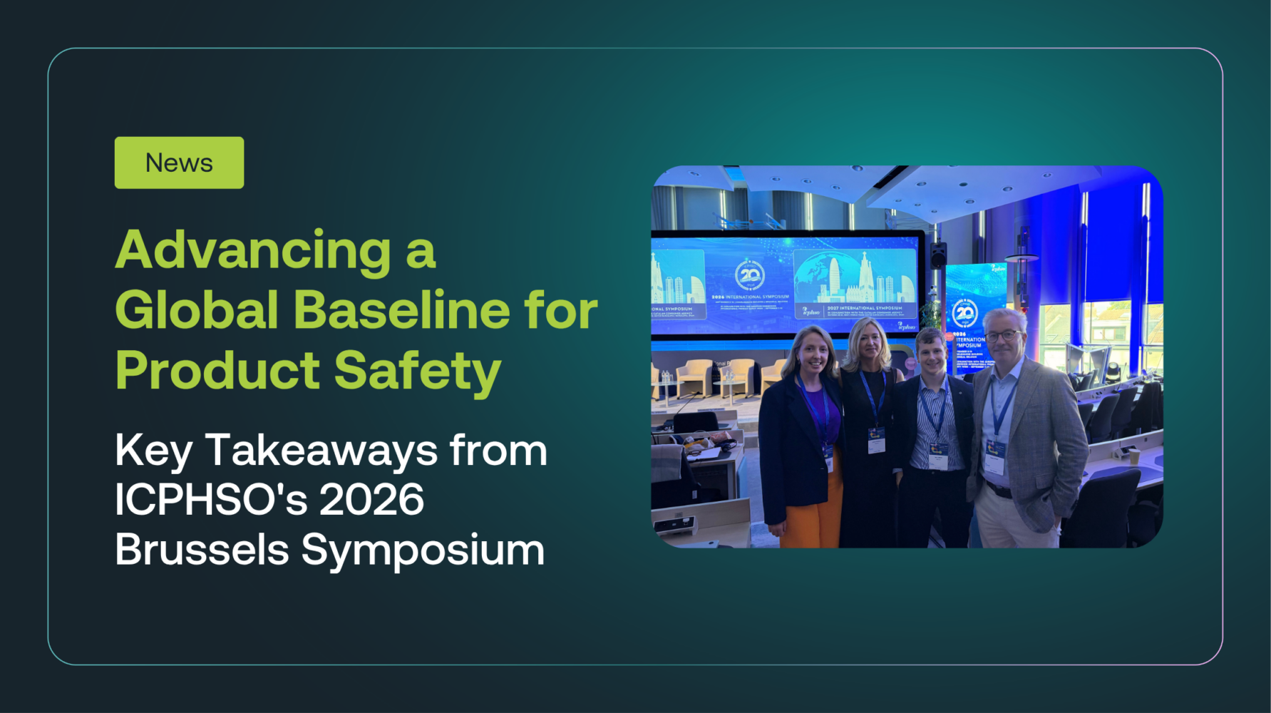 Four people, two women and two men, smiling in a modern conference room. Large screens behind them display 'ICPHSO 2026 International Symposium' branding.