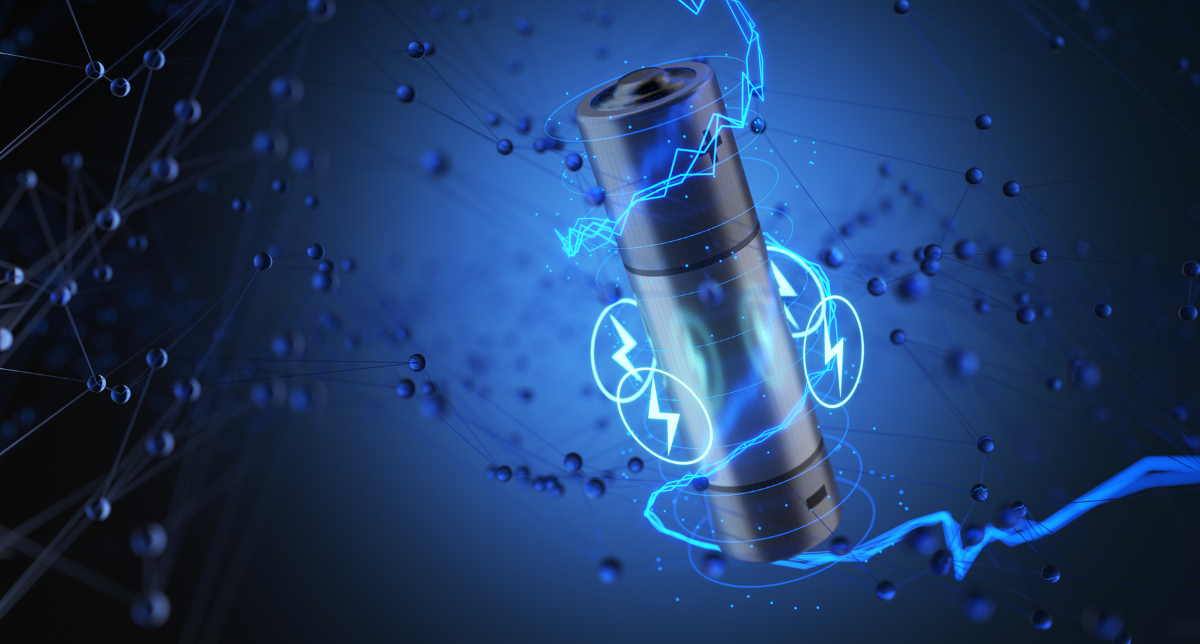 A 3D rendering of a metallic battery glowing with blue energy and lightning bolts, against a dark blue background with interconnected spheres.