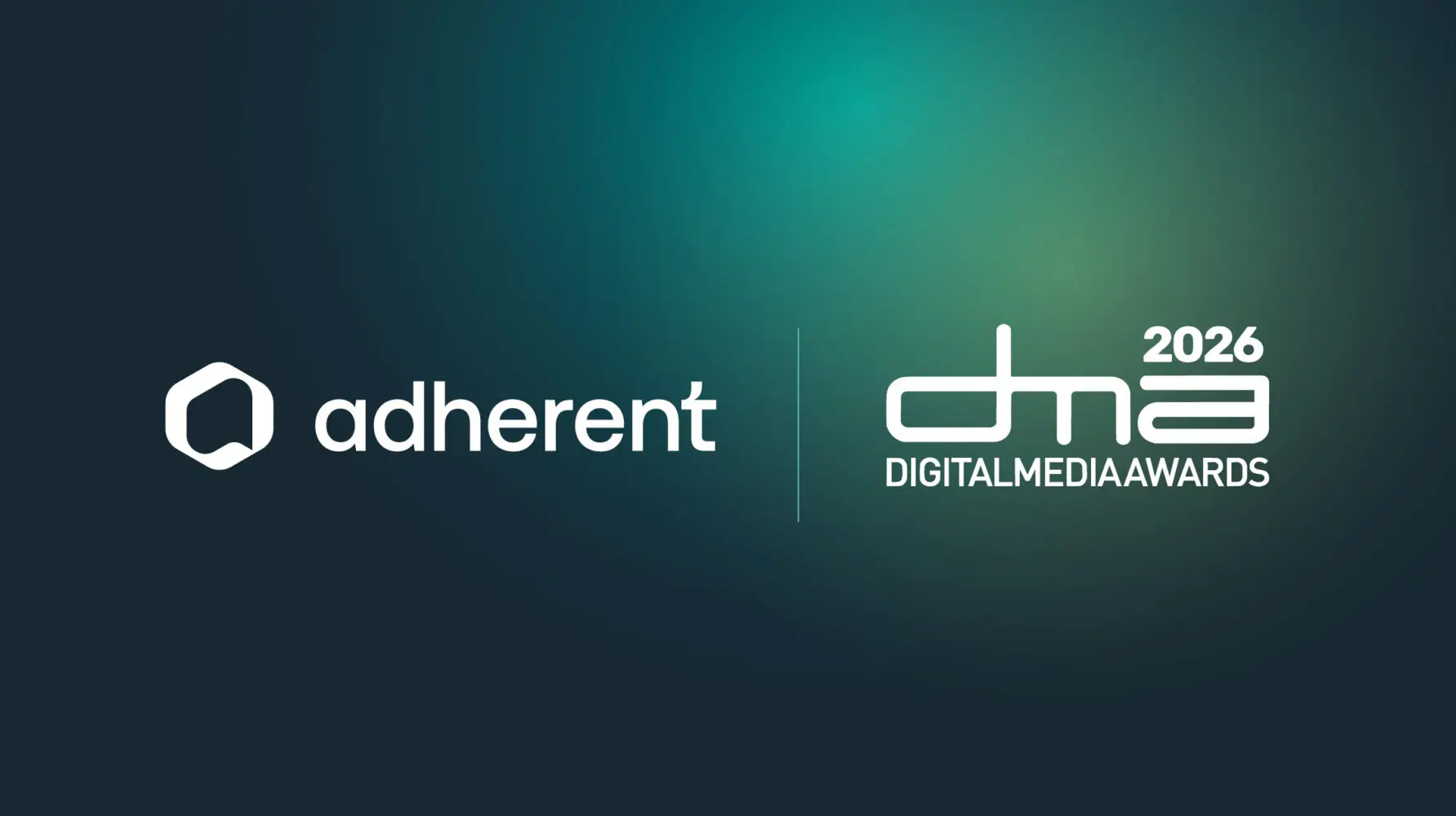 Logo for adherent next to the logo for DMA 2026 Digital Media Awards on a gradient background.