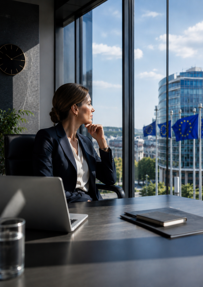 A businesswoman in a dark suit sits at a desk, looking out a large window at a city with European Union flags.