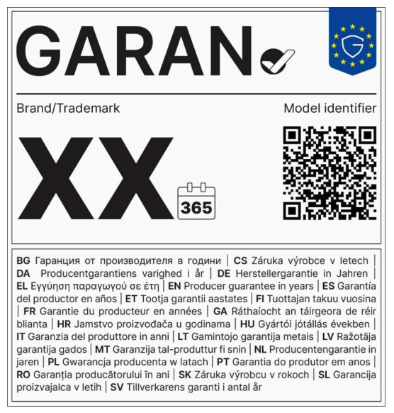 A product label with 'GARAN' branding, an EU logo, 'XX' as a brand placeholder, a 365-day warranty icon, a QR code for model identifier, and multilingual text about producer guarantee.