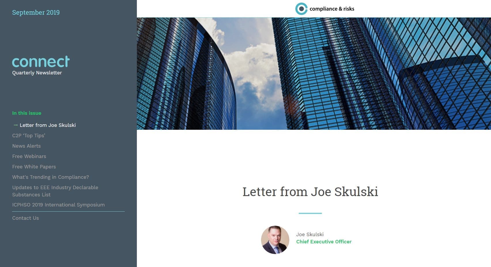 A digital newsletter for September 2019 titled 'connect', showing a table of contents, a banner image of two skyscrapers, and a section for 'Letter from Joe Skulski' with his profile picture.