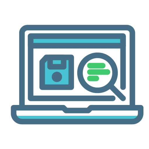 Laptop icon with a floppy disk and a magnifying glass over text lines on its screen.