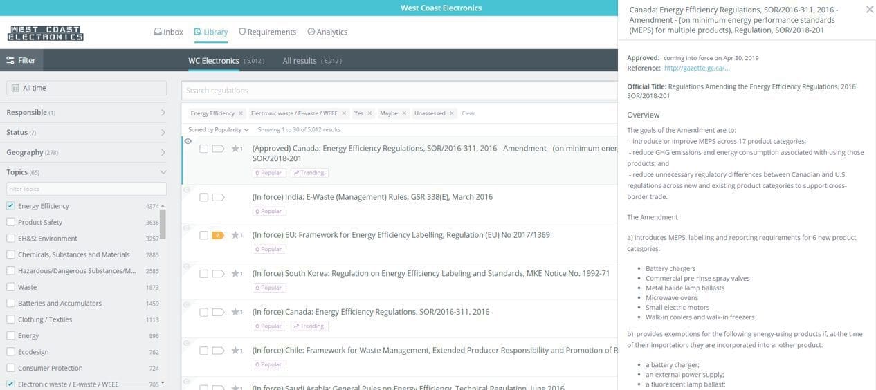 A screenshot of a regulatory database interface. The screen shows a list of regulations filtered by 'Energy Efficiency' and 'Electronic waste/E-waste/WEEE', with a detailed view of a Canadian energy efficiency regulation amendment on the right.