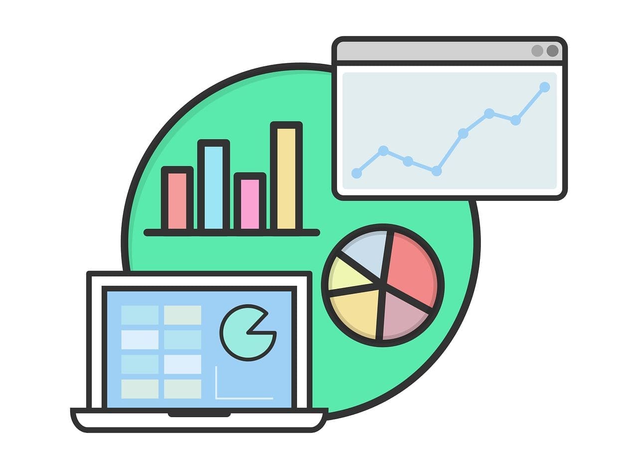 An illustration showing a bar chart, a line graph in a browser window, a pie chart, and a laptop displaying a grid and a wavy line, all on a green background.