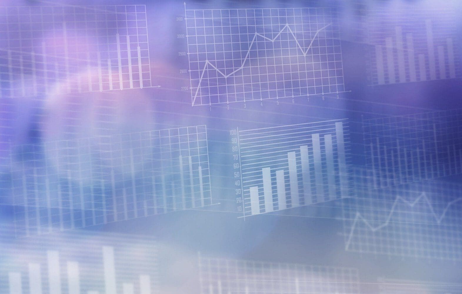 An abstract digital background with blue and purple hues, overlaid with semi-transparent line graphs, bar charts, and grid patterns, representing data and analytics.