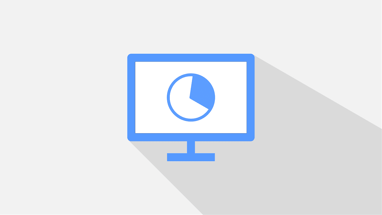 A blue computer monitor icon displaying a pie chart on its screen, with a long shadow on a light gray background.