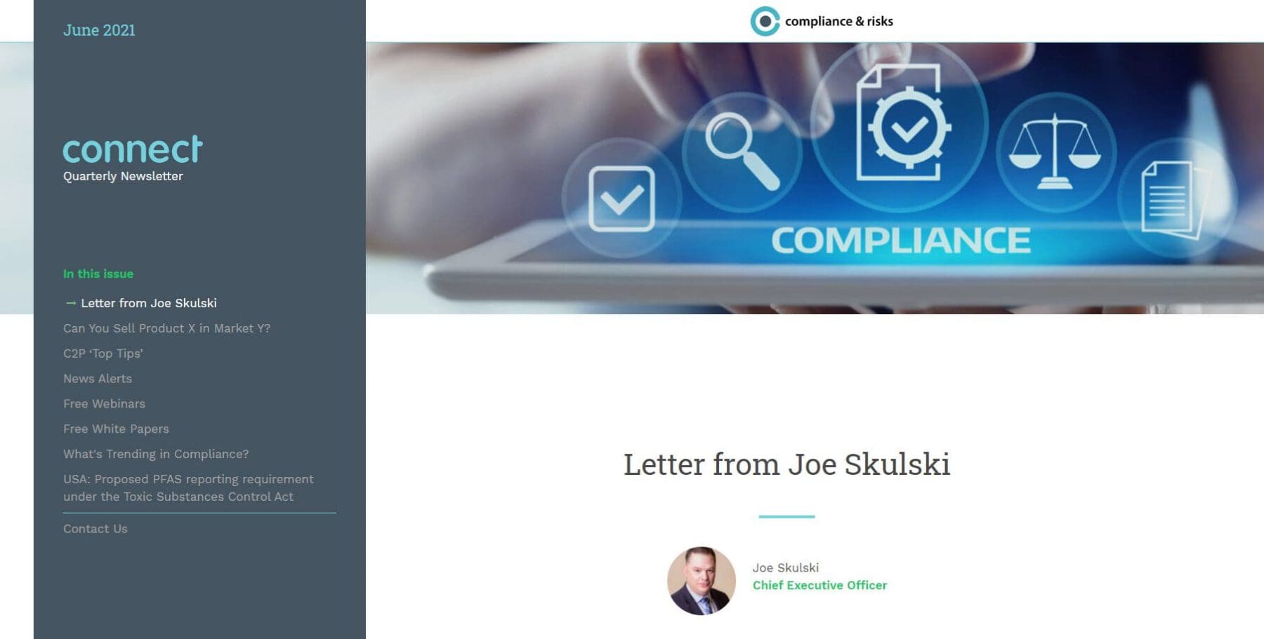 Screenshot of the 'connect Quarterly Newsletter' for June 2021. It features a header image with compliance-related icons and the word 'COMPLIANCE', and a section titled 'Letter from Joe Skulski' with his profile picture and title as Chief Executive Officer.
