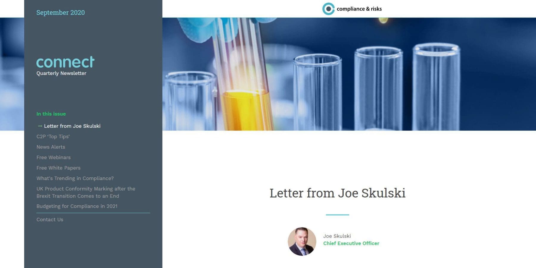 A digital newsletter page with a dark gray sidebar listing contents and a white main area. The top right shows a banner image of test tubes, one with yellow liquid, and the 'compliance & risks' logo. The main content heading reads 'Letter from Joe Skulski', with a profile picture of Joe Skulski, Chief Executive Officer.