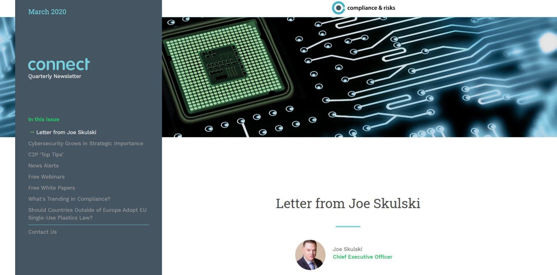 A digital newsletter page for 'connect Quarterly Newsletter' from March 2020, showing a table of contents on the left, a glowing computer chip and circuit board graphic at the top right, and a section titled 'Letter from Joe Skulski' with his photo and title as Chief Executive Officer.