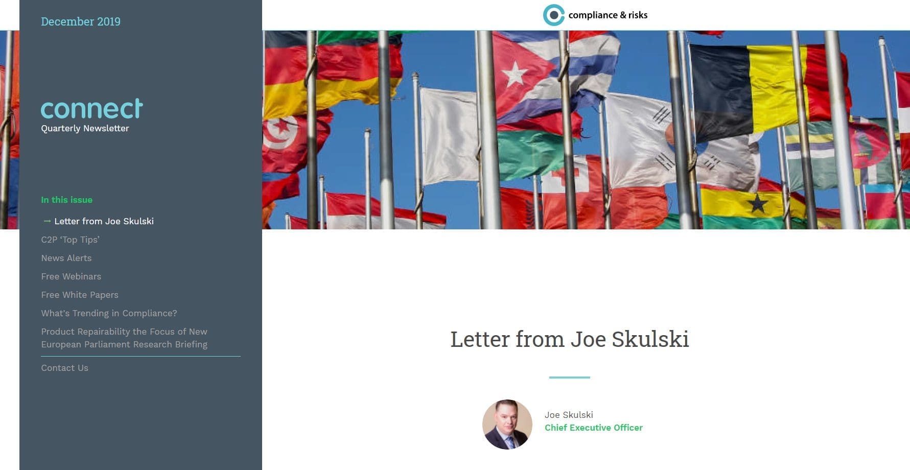 A digital newsletter page with a dark gray sidebar listing 'connect Quarterly Newsletter' topics for December 2019. The main content area features a background of international flags waving under a blue sky, and a section titled 'Letter from Joe Skulski' with a headshot of Joe Skulski, Chief Executive Officer.