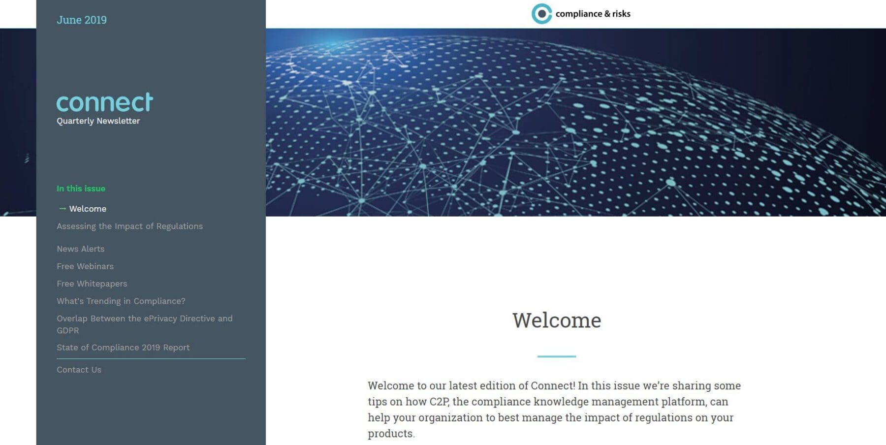 Screenshot of a 'connect Quarterly Newsletter' webpage from June 2019, showing a table of contents, a network graphic, and a welcome message about compliance and regulations.